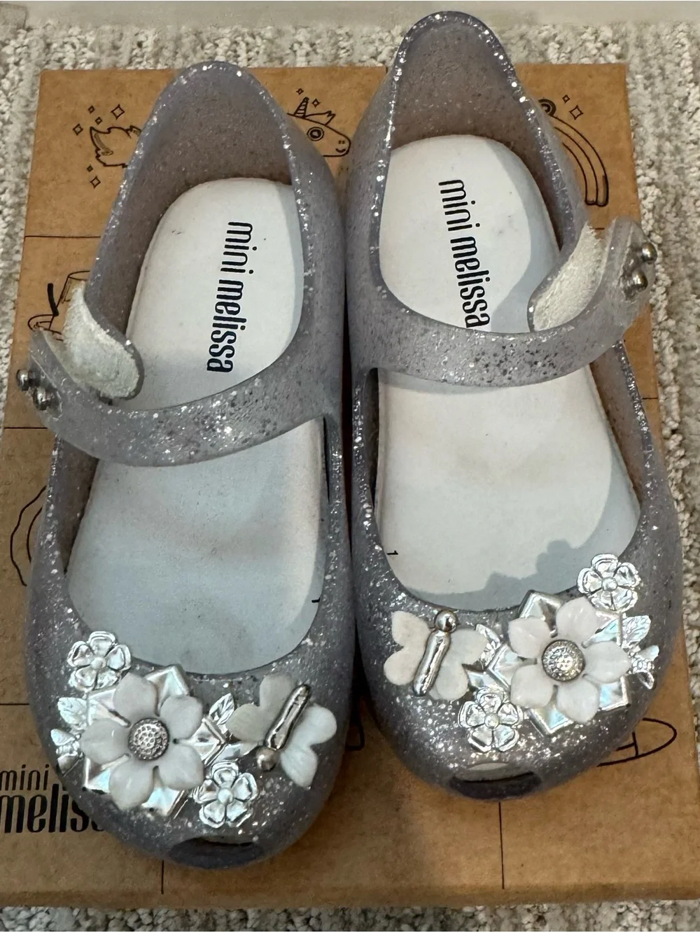 Mini Melissa Silver Glitter Flower Mary Jane Shoes